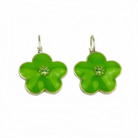 Boucle d'oreille pendante fleur émail - vert
