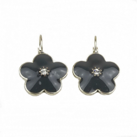 Boucle d'oreille pendante fleur émail - gris