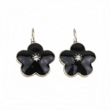 Boucle d'oreille pendante fleur émail - noir