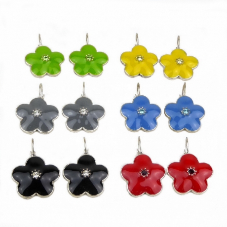 Boucle d'oreille pendante fleur émail - noir