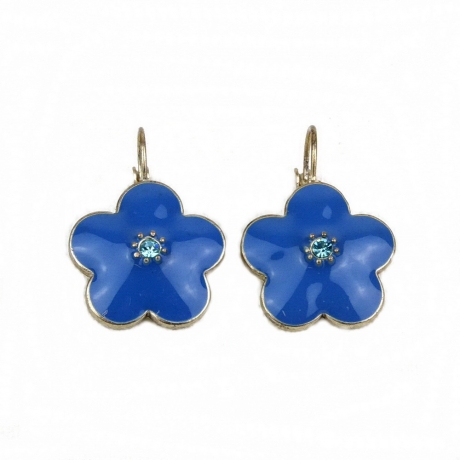 Boucle d'oreille pendante fleur émail - bleu