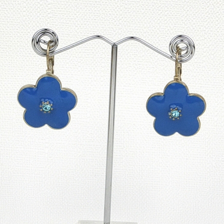 Boucle d'oreille pendante fleur émail - bleu
