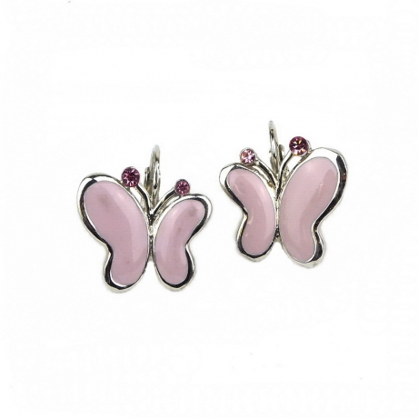 Boucle d'oreille pendante papillon émail - rose