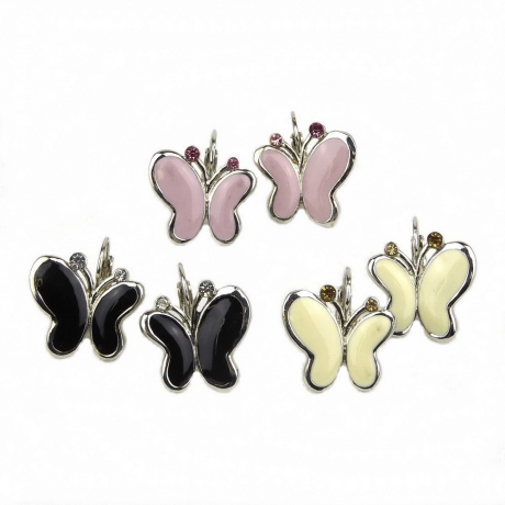 Boucle d'oreille pendante papillon émail - rose