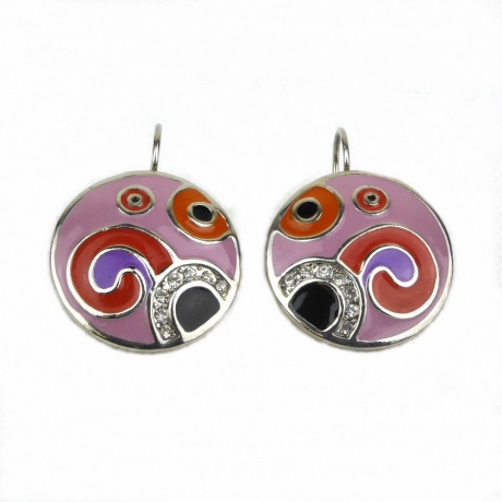 Boucle d'oreille pendante ronde émail et strass - vieux rose