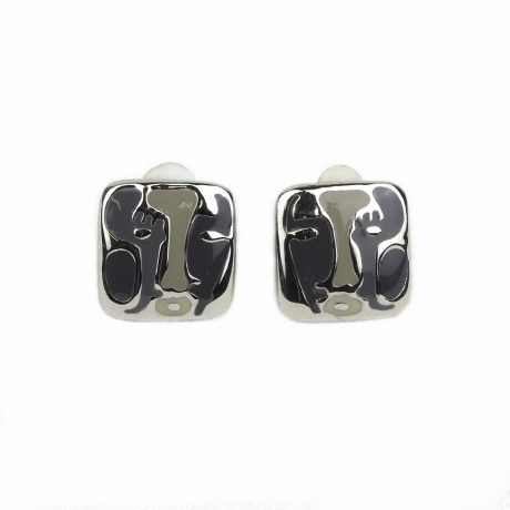 Boucle d'oreille clip carré motif abstrait - gris