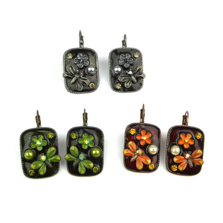 Boucle d'oreille pendante émail papillon - vert