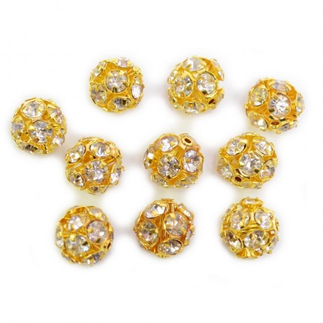 Lot de 10 perles rondes strass 14mm - doré