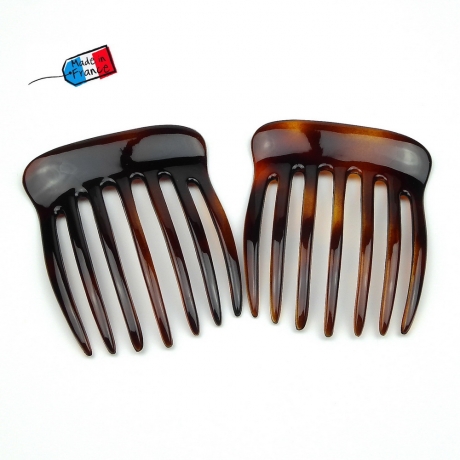 Lot de 2 peignes chignon grandes dents, made in France 7cm - marron