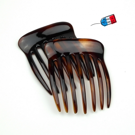 Lot de 2 peignes chignon grandes dents, made in France 7cm - marron