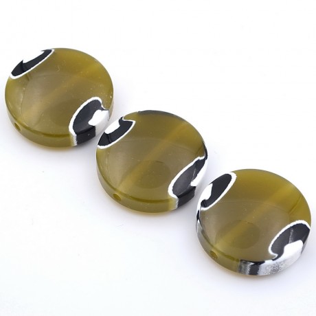 Lot de 3 perles rondes plates polyrésine - vert olive