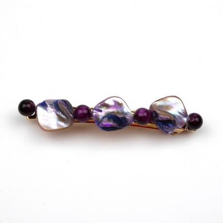 Barrette cheveux en perles nacre coquillage et perle ronde 8cm - violet