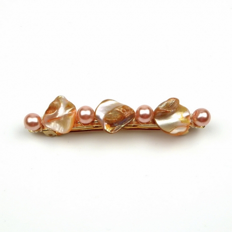 Barrette cheveux en perles nacre coquillage et perle ronde 8cm - rose poudré