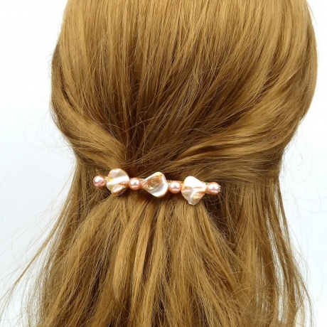 Barrette cheveux en perles nacre coquillage et perle ronde 8cm - rose poudré