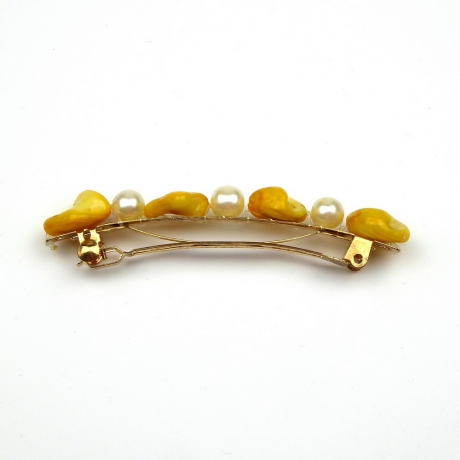 Barrette cheveux en perles nacre coquillage et perle ronde 8cm - jaune