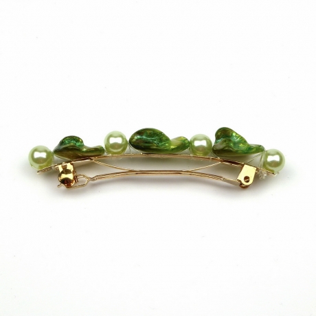 Barrette cheveux en perles nacre coquillage et perle ronde 8cm - vert