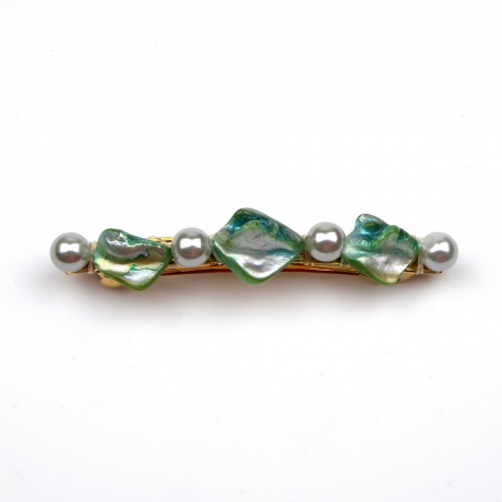 Barrette cheveux en perles nacre coquillage et perle ronde 8cm - bleu