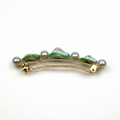 Barrette cheveux en perles nacre coquillage et perle ronde 8cm - bleu