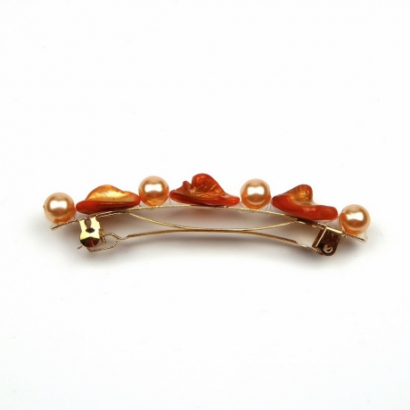 Barrette cheveux en perles nacre coquillage et perle ronde 8cm - orange