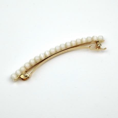 Barrette cheveux fine 8cm, perles oeil de chat - blanc