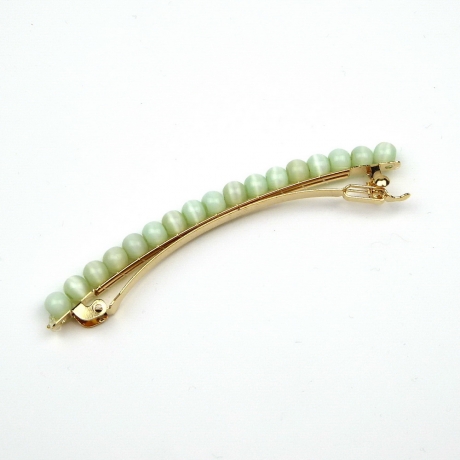 Barrette cheveux fine 8cm, perles oeil de chat - vert