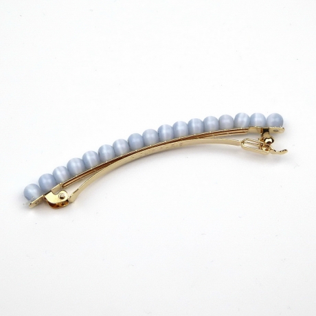 Barrette cheveux fine 8cm, perles oeil de chat - bleu clair