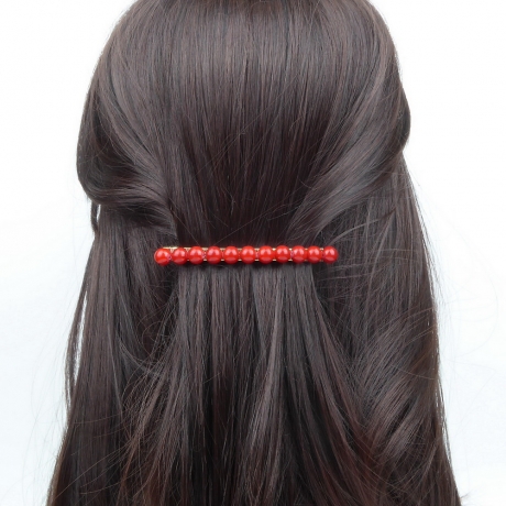 Barrette cheveux 8cm, perles 8mm - rouge