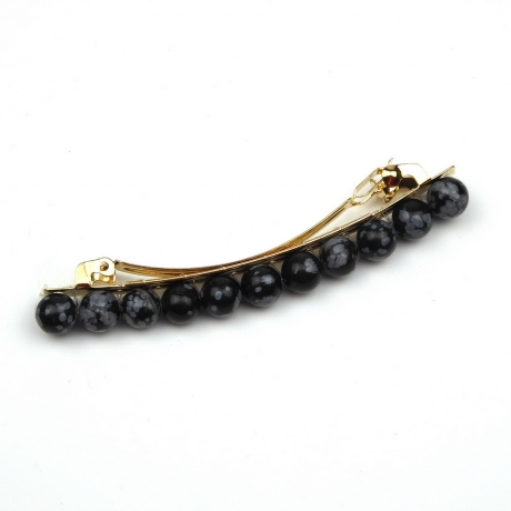 Barrette cheveux 8cm, perles marbrées 8mm - noir
