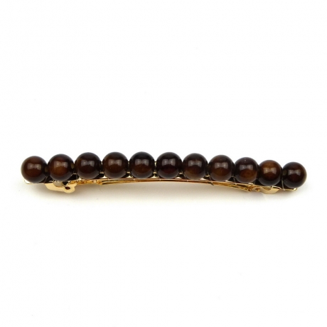 Barrette cheveux 8cm, perles 8mm - marron foncé