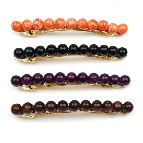 Barrette cheveux 8cm, perles 8mm - marron foncé