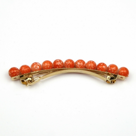 Barrette cheveux 8cm, perles marbrées 8mm - orange