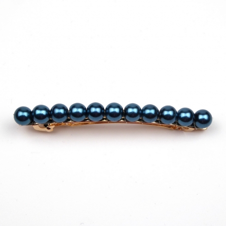 Barrette cheveux 8cm, perles nacrées 8mm - bleu