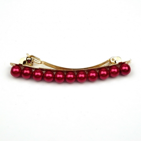 Barrette cheveux 8cm, perles nacrées 8mm - rouge