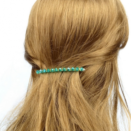 Barrette cheveux perles ovale facette 8cm - vert