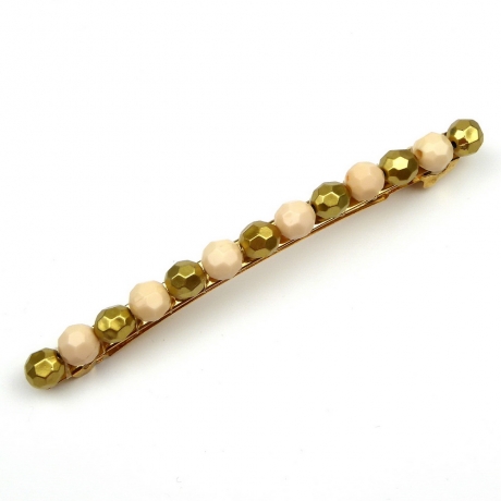 Barrette cheveux longue perle facette 10cm - doré beige