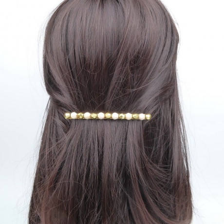 Barrette cheveux longue perle facette 10cm - doré beige