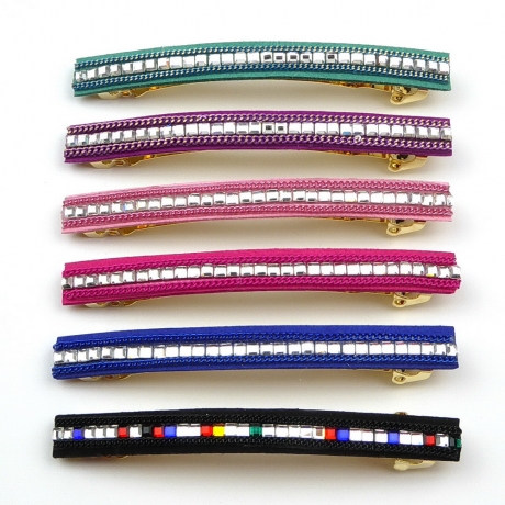 Barrette cheveux longue 9.5cm chaine et strass - bleu canard