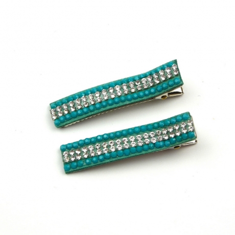 Lot de 2 pinces cheveux crocodile strass 4.8cm - bleu canard