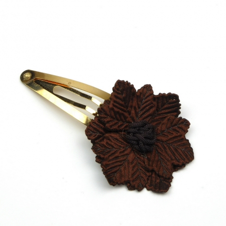 Pince clip doré 7cm fleur tissu satiné - marron