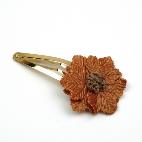 Pince clip doré 7cm fleur tissu satiné - marron clair
