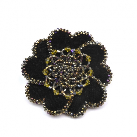 Broche clip fleur velour et perles 8cm - noir marron