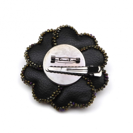 Broche clip fleur velour et perles 8cm - noir marron