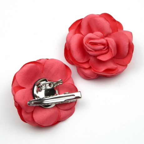2 broches clip fleur satin 4.5cm - Corail