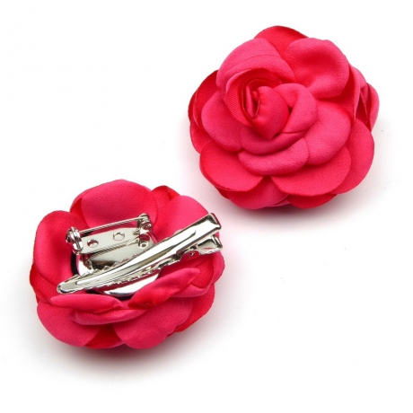 2 broches clip fleur satin 4.5cm - Fushia