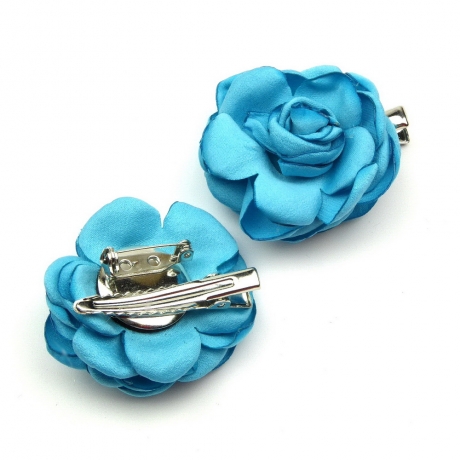 2 broches clip fleur satin 4.5cm - Bleu