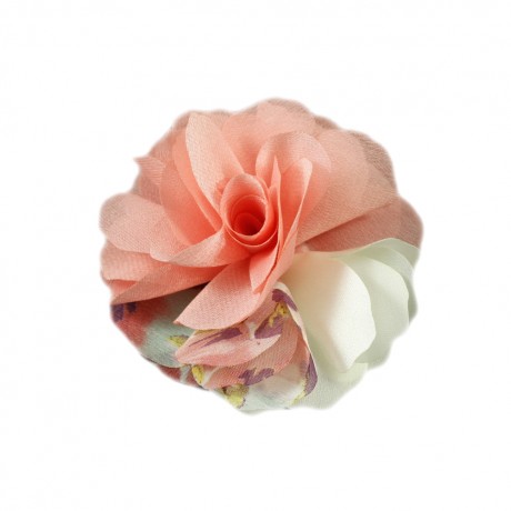 Fleur en tissu mousseline et satin saumon diamètre 8.5cm