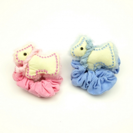 Lot de 2 chouchous élastique enfant velours motif chien - rose, bleu