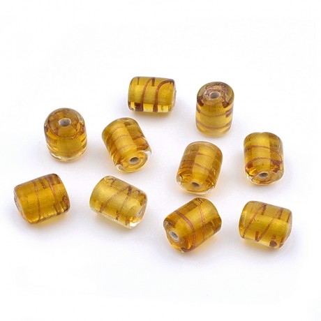10 perles en verre cylindrique 13mmx10mm jaune moutarde