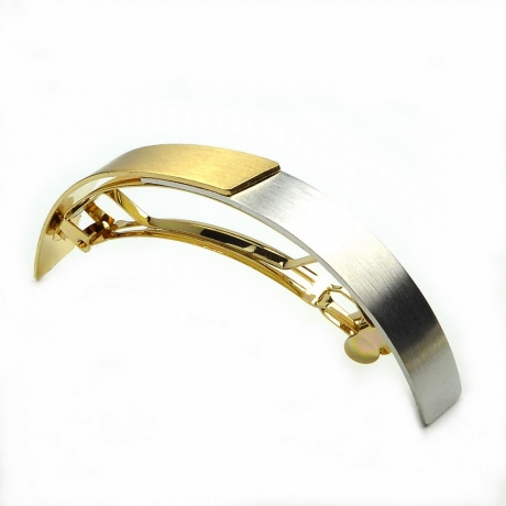 Barrette cheveux incurvée, en métal brossé 10cm, bicolore doré argenté