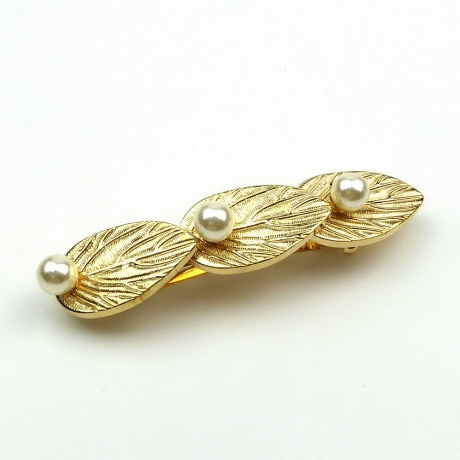 Barrette cheveux feuilles et perles 10.5cm - doré